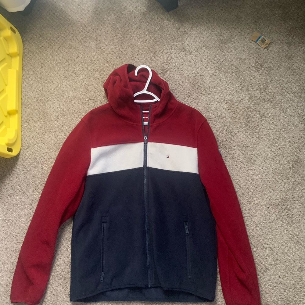 Tommy Hilfiger Zip-Up Fleece Hoodie – Men’s Medium Tricolor Red White Navy